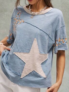 Star patchwork short sleeve t-shirt blue floral